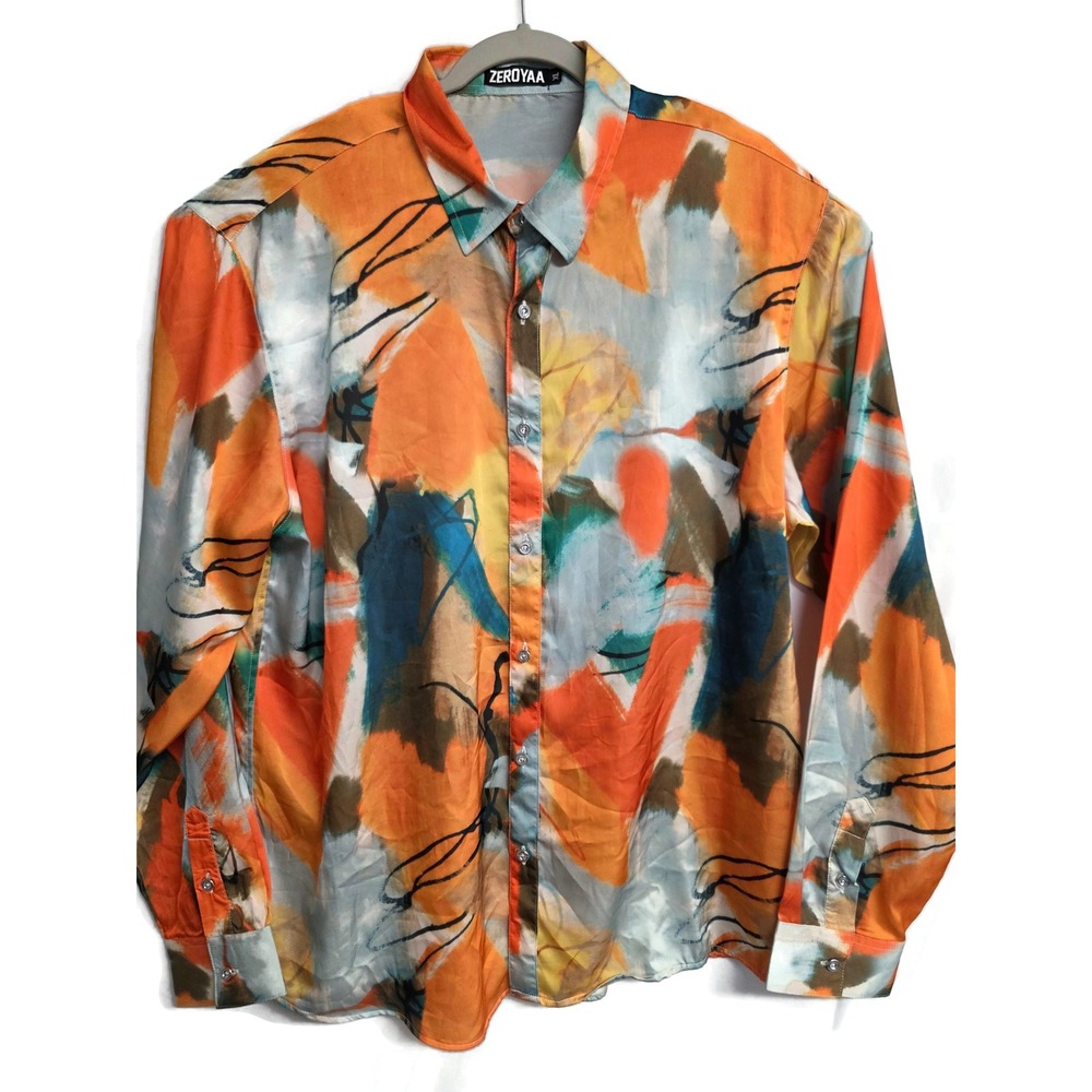 ZeroYaa Mens XL Abstract Painterly Print Button Down Shirt Orange Blue LS
